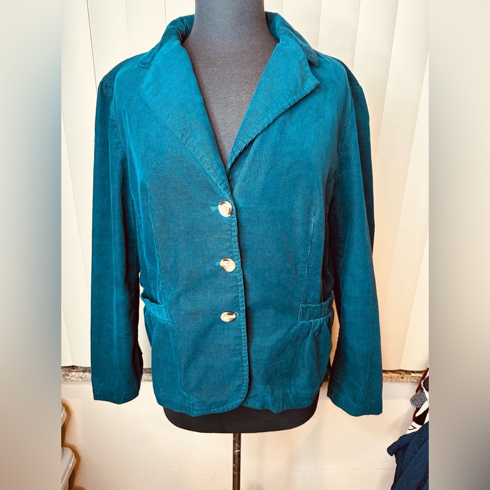 Talbots Teal Grace Fit Corduroy Blazer Jacket Peplum Back Woman Size 16 Petite